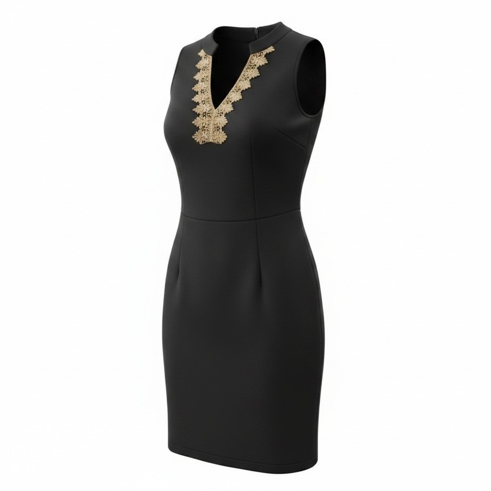 Pappagallo Little Black Dress Women Size 8 Black Gold Lace Trim Sheath Cocktail